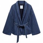 Mango Double-Breasted Denim Jacket Dark Blue Washed Denim NWT XXS Photo 2