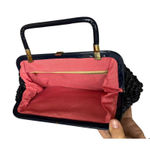 Vintage Navy Blue Straw Woven Kiss Lock Handbag Lucite Style Handle Small Black Photo 2