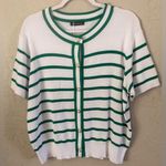 Pretty Garden Striped Short Sleeve Cardigan Sweater Green White Pearl Buttons L Size L Photo 1