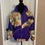 VINTAGE Katana Metallic Gold Purple Floral Jacket 80s Size Medium Windbreaker Photo 0