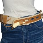 Vintage Women’s Size S Tan Leather Cream Canvas Adjustable Horn Closure Belt Photo 0