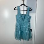 Lulus Thriving Darling Shiny Teal Blue Mermaidcore Sleeveless Tiered Mini Dress Photo 2