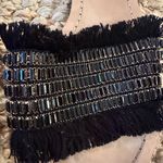 Kate Spade  New York Solaina Slide Black Canvas Raffia Fringe Beaded Sandal Sz 9 Photo 4