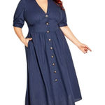 City Chic City‎ Chic Sunset Stroll Dress Size XXL 24 Chambray Blue Midi Linen Button Front Photo 0