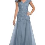 Azazie Dusty Blue Mermaid Sequin Tulle Laurie Romy Floor Cap Sleeve Formal Dress Photo 0