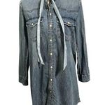Lucky Brand Women's Medium Wash Denim Raw Hem Pearl Snap Button Shirt Dress Sz S Photo 0