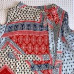 Chico's CHICO’S Size 0 Cold Shoulder Tie Neck Blouse Red Blue Cream Patchwork Bandana Photo 7