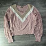 Show Me Your Mumu  Pink Brown Knit Crochet Bubbly Sleeve V Neck Sweater Size S Photo 0
