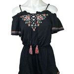 American Eagle  Black Floral Print Embroidered Boho Cold Shoulder Ruffle Romper Photo 0