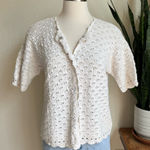 Vintage Hand Knit White Crochet Short Sleeve Sweater Ramie‎ Cotton Summer Top sm Photo 0
