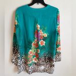 Soft Surroundings  Teal Floral Cheetah Print Henley Button V-Neck Blouse Womens L Photo 5