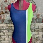 one piece swimsuit color blocked stripe ribbed blue white neon green 1990s Size L Photo 0