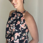 SheIn Floral Sleeveless Blouse Pink Flowers Black Medium Keyhole Back Tie Photo 0