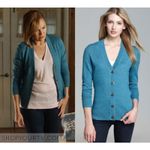Tory Burch Simone Merino Wool Cardigan Sweater Turquoise Gold Logo Buttons Large Photo 1