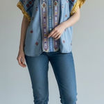 John Mark  Shirt Women Large Blue Embroidered Floral Aztec Button Up Boho Cottage Photo 0