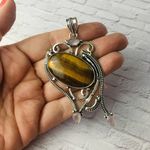 Tigers Eye Gemstone Silver Large Statement Pendant Silver Photo 4