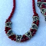 ELEGANT Red Crimson Glass Bead Silver Rhinestone Necklace‎ And Bracelet Set Photo 9