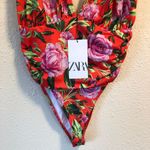 ZARA red pink green rose floral flower tropical ruched draped bodysuit S Photo 9