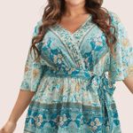 BloomChic Teal Boho Crossover Blouse Floral Peplum Tie Belt Hippie V Photo 0