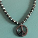 New Hand Crafted Hematite and Howlite Bead Necklace with Peace Sign Pendent Blue Photo 4
