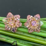 Vintage 60’s Pink Aurora Borealis AB Crystal Flower Cluster Clip On Earrings Photo 0