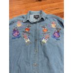 Vintage Lets Quizz Again Denim Shirt Women XL Coffee Cup Embroidery Button Up Blue Photo 1