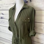 Bebe Army Green Button Down Tie Waist Shirt Dress Photo 1