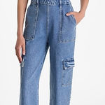 EXPRESS  Strapless Wide Leg Cargo Denim Jean Jumpsuit Womens 12 Light Blue Wash Photo 0