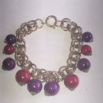 Vintage Germany Gold Tone Purple & Red Dangling Beaded Retro Boho Bracelet Photo 0