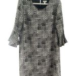 Garnet Hill  100% Silk Bell Flare Sleeve Shift Beige Black Midi Dress size 10 Photo 0