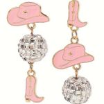NEW Western Pink Cowboy Hat & Boot Dangle Earrings, Disco Ball Jewelry, Cowgirl Photo 0