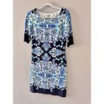 Eliza J  Paisley Dress Size 2 Navy White Porcelain Shift Boat Neck 2/4 Sleeve Photo 3