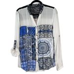 Desigual Gemma Woven White Blue Crochet Boho Bohemian Long Sleeve Blouse Large Photo 7
