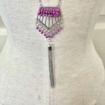 Long silver tone and pink bead tassel pendant necklace Photo 3