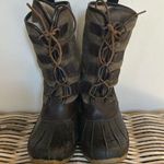 Tory Burch  Argyll Olive Leather Lace Brown Rubber Duck Boots Shearling Photo 0