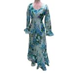 Vintage 70s Long Blue Floral Gown Avalon Classics Size 12 Maxi Long Sleeve Dress Photo 1