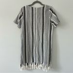 Ellison  Grey White Linen Stripe Short Sleeve Shift Dress Tassel Trim M Photo 5