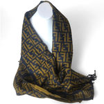 Fendi Navy Blue Tan Wool Silk Scarf with Decorative Tassels Photo 5