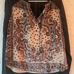 Hale Bob  silk blend brown paisley blouse, ruffled sleeves, tassels; size L Photo 0