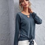 Source Unknown Keyhole Blue Hue Self Tie Front Long Sleeve Shirt Photo 2