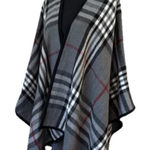 V. Fraas Fraas Gray Red Black Plaid Acrylic Poncho With Black Trim Open Front, One Size Photo 0
