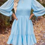 ZESICA Women's Blue Dress Long Sleeve Smocked Tiered Flowy Mini Dress Sz Medium Photo 6