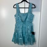 Lulus  Thriving Darling Shiny Teal Blue Mermaidcore Sleeveless Tiered Mini‎ dress Photo 2