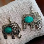 Elephant Dangle Earrings Silver Tone Good Luck Trunk Up Cabochon 2" long Photo 0