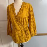Madewell  Mustard Yellow Eyelet Faux Wrap Shirt Size Small Photo 3