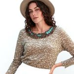 Chico's CHICO’S Beaded Neckline Sheer Blouse Womens Medium Turquiose Boho Print Earthy Photo 10