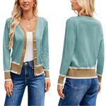 Grace Karin  Women’s Size M Blue Teal Colorblock Button Up Sweater Cardigan Photo 1