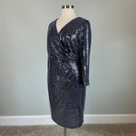 Betsy and Adam Metallic Long Sleeve Sheath Cocktail Dress Size 18W Blue V-Neck Photo 3
