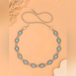 Western Vintage Engraved Style Oval Waist Chain Boho Silver Metal Waist Belt Blue Photo 1