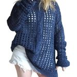 Free People  Navy Blue Open Weave Oversized Angora Blend Fisherman Sweater Small Photo 0